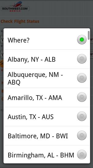 Selecting a city on the Southwest mobile Web site